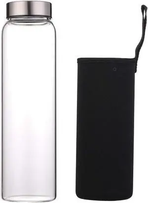 sunkey Glass Water Bottle 32 oz High Borosilicate with Neoprene Sleeve Leak Proof Lid Reusable Eco Friendly Bpa Free
