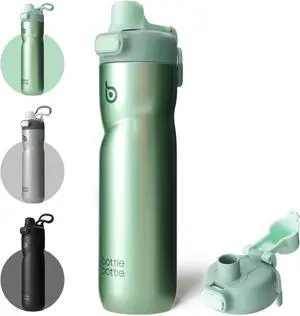BOTTLE BOTTLE Insulated Water Bottle 24 oz with Handle and Flip Tops Lids Stainless Steel Water Bottle Push Button Lid Leak proof Portable for Cycling Running Travel Sports Hiking green
