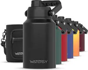 Half Gallon Water Bottle Insulated(Cold for 48 Hrs),BPA Free&Leak Proof,64oz Stainless Steel Water Jug/Flask,Big thermos,Large Water Bottle with Handle for Gym,Hiking,Camping,Black