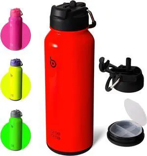 BOTTLE BOTTLE 40 oz sports water bottle stainless steel insulated water bottle with straw and pills holder (neon red)