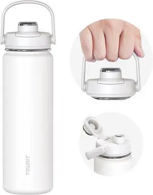 24 oz Insulated Water Bottle Stainless Steel Sports Water Bottles With Top Handle Double-Wall Travel Thermal Water Flask BPA Free Leakproof Water Bottle for Sports Glacial White