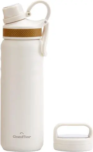 GRANDTIES 2 Lids Sports Stainless Steel Water Bottles  Wide Mouth Vacuum Insulated Reusable Leak Proof BPA-Free Travel Metal Canteen, Thermos Bottles for Men Women Gym (Ivory White 24 oz)