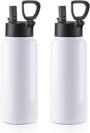 PYD Life 2 Pack Sublimation Blank Tumbler 32 OZ White Vacuum Flask Stainless Steel Sports Wide Mouth Water Bottle with Straw and Portable Handle