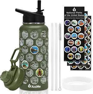 National Parks Water Bottle with Stickers,32 oz Stainless Steel Insulated Water Bottle with Straw,2 Lids,Leak Proof Metal Water Bottle for Hiking,Travel,Sports,Camping,Wide Mouth Bottle