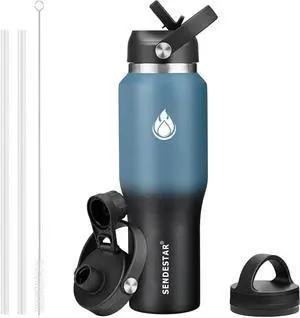 SENDESTAR 40oz Stainless Steel Water Bottle(Cold for 48 Hrs, Hot for 24 Hrs),Double Wall Vacuum Insulated Bottle with Straw Lid, Spout Lid and Flex Cap, Fit in Any Car Cup HolderCyanotic B