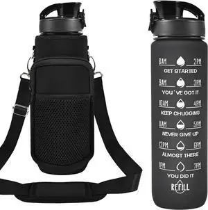 32 oz Water Bottles with Straw & Strap, Motivational Water Bottles with Times to Drink, BPA Free Reusable Sports Water Bottle with Sleeve Carrier for Hiking, Travel, Running or Fitness