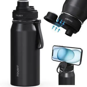 32oz Stainless Steel Wide Mouth Water Bottle Double-Wall Vacuum Insulation with Spout Lid for Sports and Travel Black