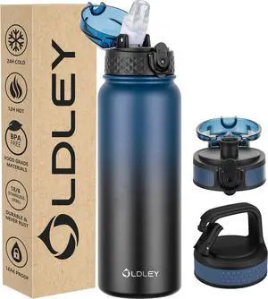 Oldley Insulated Water Bottle 20oz Water Bottles with Straw, Stainless Steel Water Bottle with 3 Lids, Double Wall Vacuum Bottles for Adult Kids, Sports Bottles for School Travel,Blue-black
