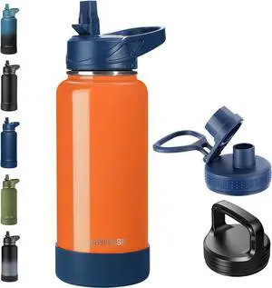 32oz Insulated Water Bottle with Straw, Stainless Steel Metal Vacuum Water Flask, Large Thermos Water bottle with Leakproof 3 Lids for Travel, Camping, Gym Sports Orange