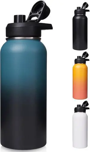 32oz Insulated Water Bottle with Handle, 304 Stainless Steel Water Bottles with Wide Mouth, Double Wall Vacuum Sports Water Bottle, BPA Free, Keep Cold and Hot, Blue&Black