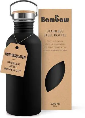 Bambaw 32 oz Water Bottle, Black Water Bottle Non-insulated, Single Wall Stainless Steel Bottle, Metal Water Bottle, Large Water Bottle 32oz, Reusable Water Bottle for Men and Women  Jet Black