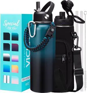 40OZ Vacuum Insulated Water Bottle - Keep Cold 48H Hot 24H, Combo Straw & Spout Lids, Survival Paracord Handle, Bottle Carrier Bag w/ Strap, Protective Cup Mat, Stainless Steel Waterbottle Flask Jug