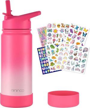 Mininoo Kids Water Bottle for School, 16oz Stainless Steel Insulated Water Bottle Kids with Straw Lid for Girls, Boys (Sweat Peach)