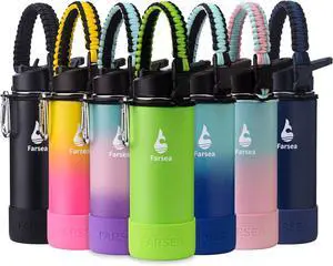 Farsea Insulated Water Bottle With Paracord Handle, Protective Boot and 2 Lids (Straw Lid & Spout Lid), Stainless Steel Water Bottle Wide Mouth, Double Wall Sweat-Proof BPA-Free, 18 oz