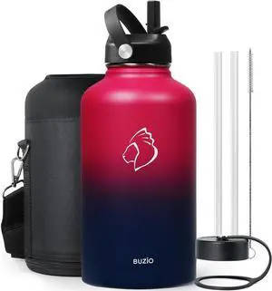 BUZIO 64oz Insulated Water Bottle Stainless Steel Double Wall Leak Proof Half Gallon with Straw Lid and Flex Cap (Cold for 48 Hrs) Sports Flask Metal Travel Mug for Hiking Cycling, Ruby Red Navy