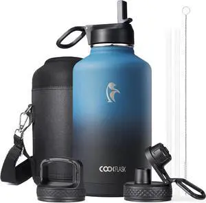 Half Gallon Water Bottle Insulated with Straw & 3 Lids 64 oz Water Jug Large Metal Stainless Steel Wide Mouth for Sports Gym or Office Non-BPA Keep Cold 48H Hot 24H Samurai Cyan