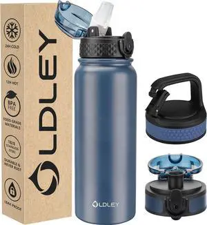 Oldley Insulated Water Bottle 20oz Water Bottles with Straw, Stainless Steel Water Bottle with 3 Lids, Double Wall Vacuum Bottels for Adults Kids,Leak-Proof Sport Bottles for School Travel, Navy Blue