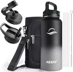 32 oz Sports Water Bottle, Stainless Steel Vacuum Insulated Water Flask Bottle with Straw Lids, Reusable Leakproof Metal Thermos, Water Bottle with Carrying Pouch for Gym Cycling, Black and Gray
