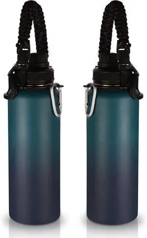 Volhoply Insulated Water Bottles Bulk 2 Pack, 40 oz Stainless Steel Sports Bottle with Paracord Handle & Spout Lid, Reusable Double Walled Vacuum Travel Thermos for Adults Hiking(Dark Night,2 Set)