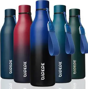 BJPKPK Insulated Water Bottles, 25 oz Stainless Steel Metal Water Bottle with Strap, BPA Free Leak Proof Thermos, Mugs, Flasks, Reusable Water Bottle for Sports & Travel, Blue Black