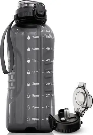 AQUAFIT 64 oz Water Bottle with Time Marker - 2in1 Straw & Chug Lid - BPA Free Big Water Bottle with Straw - Gym Water Bottle with Strap - Water Jug (64 Ounces, Gray)