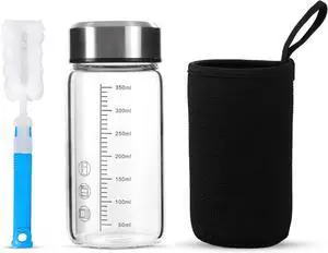 12Oz Glass Water Bottle,Glass Shaker Bottle,0.15in/3.8mm Thick Glass,Small Wide Mouth Glass Water Bottle with Lid,Glass Shaker Bottles for Protein Mixes,Glass Juice Bottle