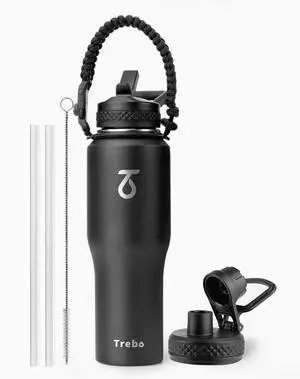 Trebo 32oz Water Bottle Insulated Leakproof (Keep Cold for 48 Hrs),Double Wall Vacuum Stainless Steel Insulated Tumbler Flask Paracord Handle,Straw Spout Lids,Fit in Any Car Cup Holder,Black