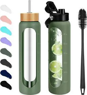 32 oz Glass Water Bottles - 1 Liter Motivational Tumbler Water Bottle Time Marker - Borosilicate Glass Water Bottle With Silicone Sleeve and 2 Lids, Handle Spout & Bamboo Straw Lid