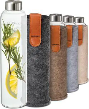 Glass Water Bottle 25oz with Felt Sleeve - Dishwasher Safe - Leakproof Lid - BPA Free - Glass Bottles for Carbonated Beverage & Juicing (Anthracite)