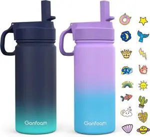 Kids Water Bottle 2-Pack 16oz Water Bottles with Stickers and Straw Stainless Steel Vacuum Insulated cup Kids Water Bottle for School Gifts for Boys and Girls(Blue/Purple)