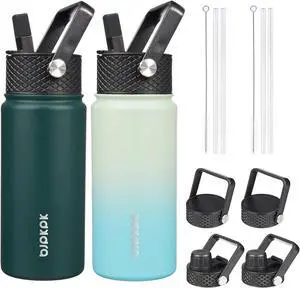 BJPKPK 2 Pack Insulated Water Bottles with Straw Lids, 18oz Stainless Steel Metal Water Bottle with 6 Lids, Leak Proof BPA Free Thermos, Cups, Flasks for Travel, Sports (Army Green+Mint)