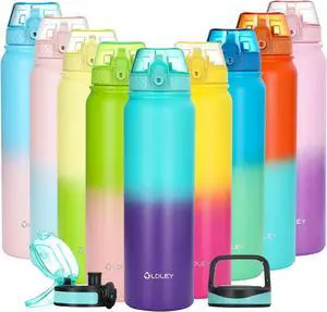 OLDLEY Insulated Water Bottle with Straw 32oz Stainless Steel Water Bottles with 3 lids Double-Wall Vacuum Thermal for Kids Adults School Sports,A-Green-purple