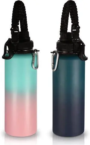 Volhoply Insulated Water Bottles Bulk 2 Pack, 40 oz Stainless Steel Sports Bottle with Paracord Handle & Spout Lid,Double Walled Water Thermos with Wide Mouth, Reusable Big Water Jug(Assorted,2 Set)