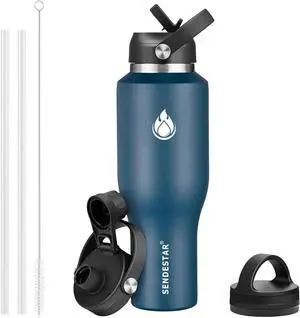 SENDESTAR 40oz Stainless Steel Water Bottle(Cold for 48 Hrs, Hot for 24 Hrs),Double Wall Vacuum Insulated Bottle with Straw Lid, Spout Lid and Flex Cap, Fit in Any Car Cup HolderNavy