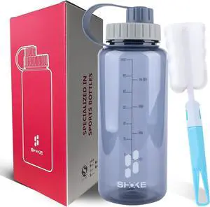 SHOKE 1 Liter Water Bottle, 32oz BPA Free Non-Toxic Tritan Wide Mouth Leakproof Large Sports Water Bottles with Handle, Gym Space Cup For Fitness Yoga Workouts Hiking with Sponge Bottle Brush