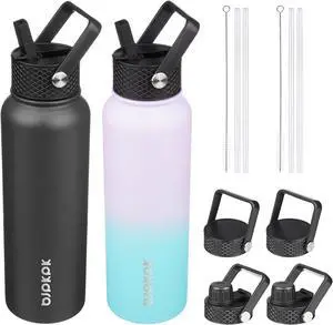 BJPKPK 2 Pack Insulated Water Bottles with Straw Lids, 40oz Stainless Steel Metal Water Bottle with 6 Lids, Leak Proof BPA Free Thermos, Cups, Flasks for Travel, Sports (Oasis+Black)