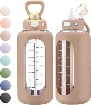 SIEROZUR 64 oz Glass Water Bottle with Straw and Handle Large Sports Motivational Water Bottle Flask with Time Marker Leakproof Water Jug with Silicone Sleeve for Gym