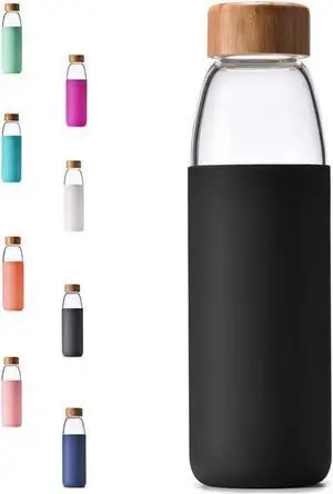veegoal 18 Oz Borosilicate Glass Water Bottles with Bamboo Lid, BPA-FREE, Non-Slip Silicone Sleeve, and Stainless Steel Leak Proof Lid - Reusable Glass Bottle for Men and Women