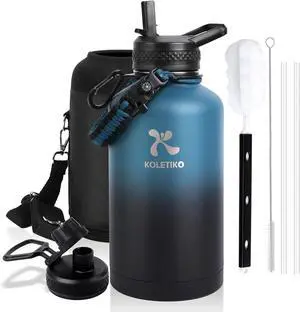 Insulated Water Bottle 64 oz(COLD for 36 Hrs), Non-BPA & Leak Proof, Half Gallon Sports Stainless Steel Water Jug Large with Straw, Indigo Black