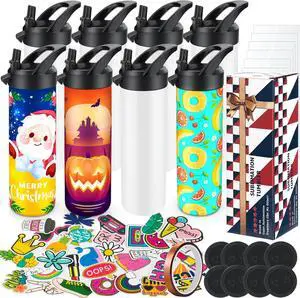 8 Pack 20oz Sublimation Tumbler Set Triple-Insulated Stainless Steel Sports Water Bottle with Straw Lid Blank Sublimation Cup with DIY Stickers, Shrink Wrap, Rubber Base, Heat Tape for Heat Transfer