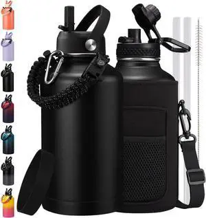 64oz/Half Gallon Insuated Water Bottle, (Keep Cold 48H), Leak Proof Food-Grade Stainless Steel Water Jug With Straw Lid and Atuo Spout Lid, Portable Paracord Handle & Carrier Bag Black