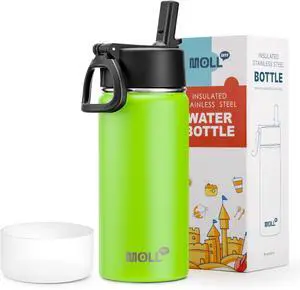 Kids Insulated Water Bottle with Straw-16 oz Stainless Steel Double Wall Vacuum Wide Mouth Sports Water Bottles for School, Metal Water Flask for Girl (Apple Green)
