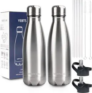 Insulated Water Bottle,2 Pack-12oz Stainless Steel Water Bottles with straw lid,Metal Sports Thermos Water Bottles for Boys,Girls,Double Wall Vacuum BPA-Free Flask for School,Sports & Travel-Silver