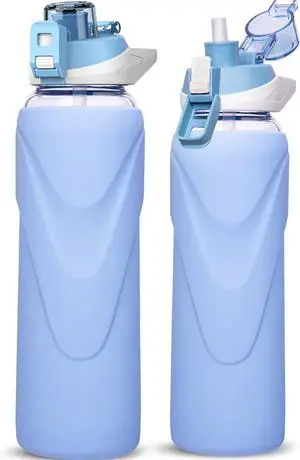 32 oz Sports Glass Water Bottle with Straw & Silicone Sleeve Reusable BPA-free Borosilicate Glass Drinking Bottle with Flip Top Lid & Handle Wide Mouth (Sky Blue)