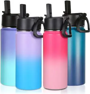 Volhoply 16 OZ Kids Water Bottle Bulk 4 Pack,Insulated Sports Bottles with Straw Lid,Stainless Steel Bottle with Handle Keep Cold,Double Wall Vacuum Thermos Cups for School,Girls(Assorted,Set of 4)