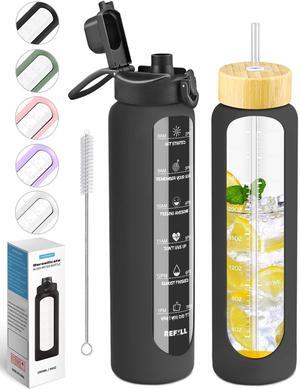 Nefeeko 32 oz Glass Water Bottles with Straw, Time Marker, Motivational 1 Liter BPA FREE Leakproof Reusable Glass Water Bottle with Silicone Sleeve, Bamboo, Spout Lid