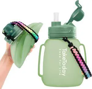40 OZ Motivational Water Bottle with Straw and Paracord Handle 1.2L Silicone Sports Water Bottle with Time Marker(Green)