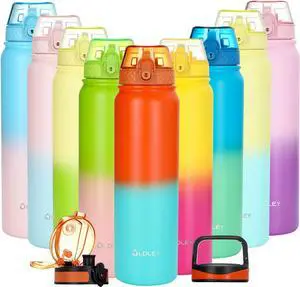 Oldley Insulated Water Bottle with Straw 32oz Stainless Steel Water Bottles with 3 lids Double-Wall Vacuum Thermal for Kids Adults School Sports, Bright Orange-green