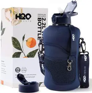 H2O Capsule 2.2L Half Gallon Water Bottle with Storage Sleeve and Removable Straw  BPA Free Large Reusable Drink Container with Handle - Big Sports Jug, 2.2 Liter (74 Ounce), Navy Blue