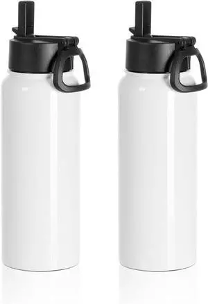 PYD Life Sublimation Water Bottle Blanks Sports Tumbler Cups White 30 OZ Wide Mouth Stainless Steel Vacuum Flask with Straw and Portable Handle for Cricut Mug Press and Tumbler Press Print 2 Pack